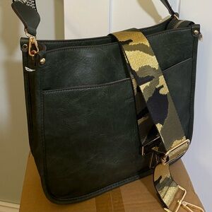 Stylish Green Leather Bag with Patterned Strap